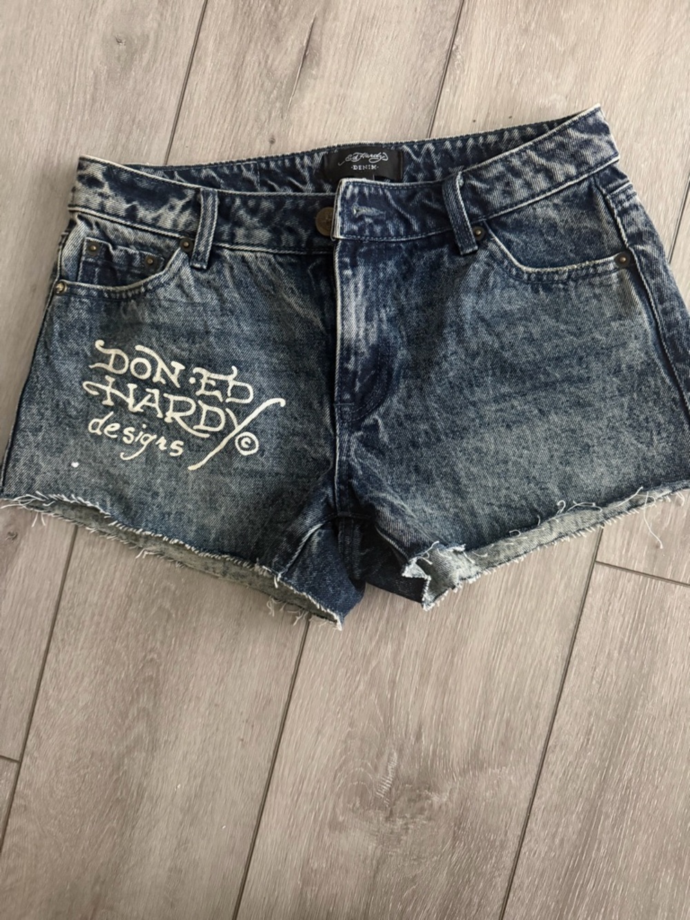 Ed Hardy Dark Blue Acid-Wash Denim Cutoff Shorts with White Logo